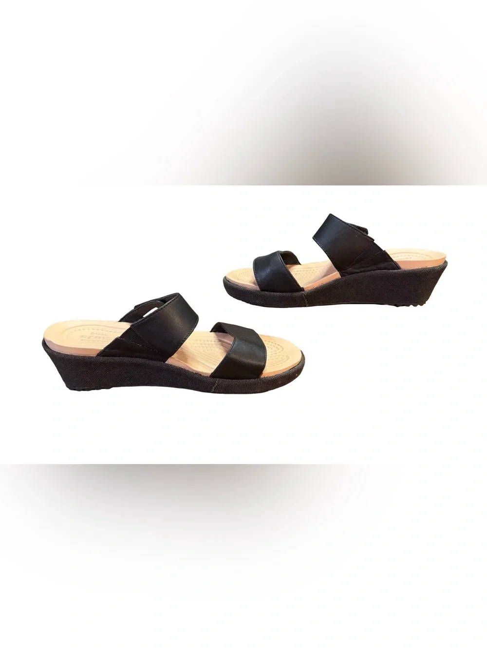 Crocs Leigh 2 Dual Comfort Two-Strap Wedge Sandals Black/Tan Women’s Size 7